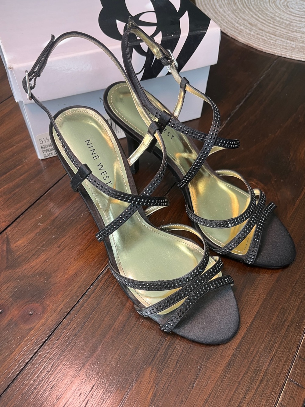 Nine West Black Strappy Rhinestone Heels with Gold Insole